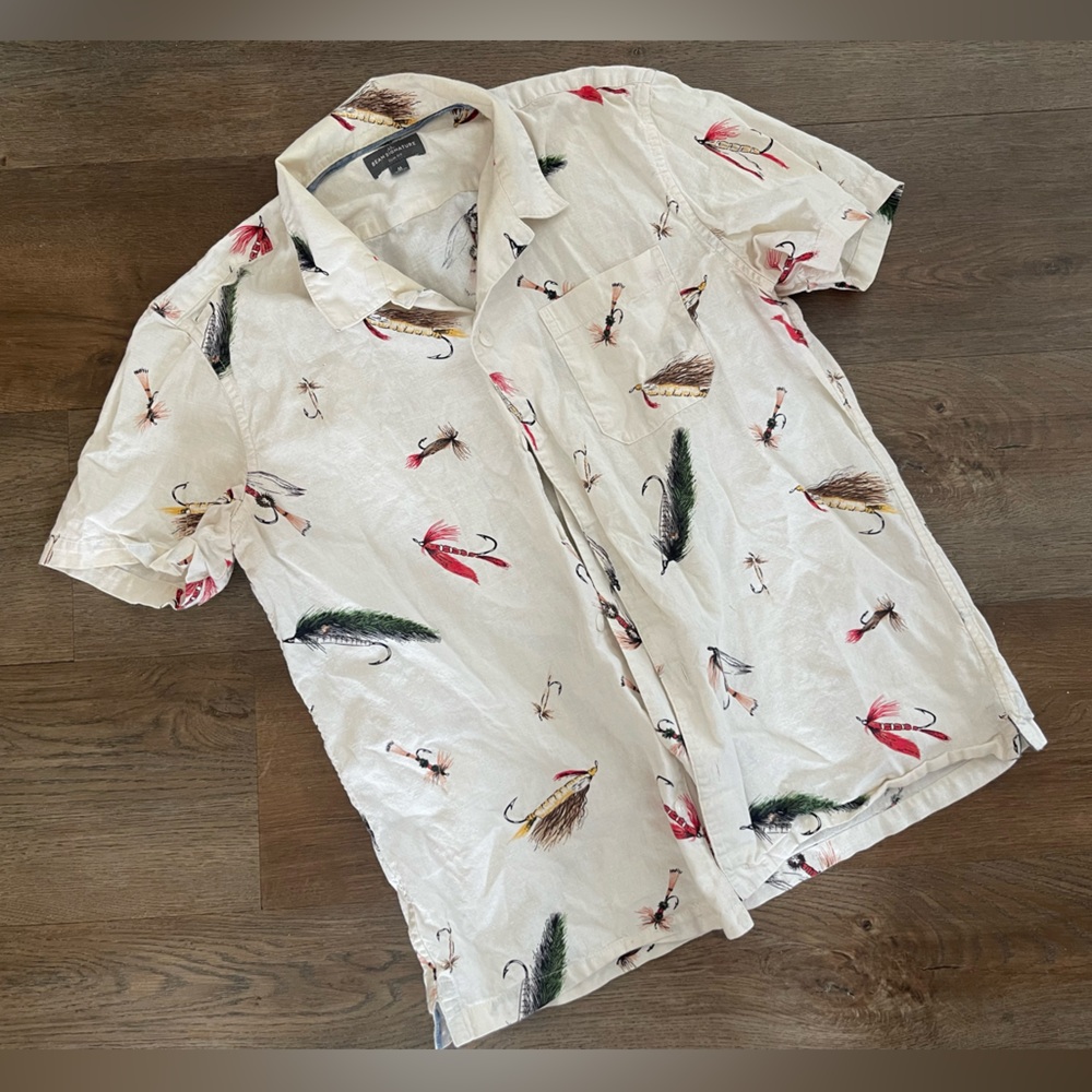 L.L. Bean Cream Short-Sleeve Button-Down Shirt with Fishing Fly Print